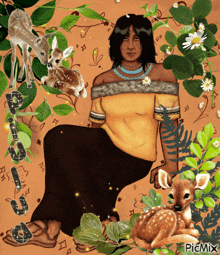 a picture of a woman surrounded by baby deer and the word picmix on the bottom