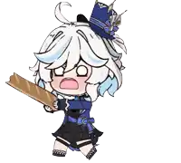 a cartoon girl with white hair and a blue hat is holding a loaf of bread