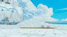 a cartoon character is flying through the air with a blue sky and white clouds in the background