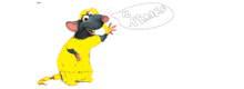 a cartoon rat is wearing a yellow shirt and has a speech bubble that says " peame "