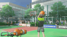 a person playing basketball on a court with a sign that says pap on it