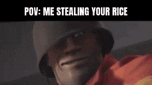 a soldier from team fortress 2 is wearing a helmet and a red jacket .