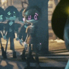 a group of cartoon characters standing next to each other in a dark room with glowing eyes .