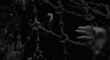a black and white photo of a woman holding a chain .