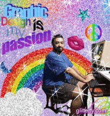 a man sits at a desk in front of a computer with the words " graphic design is my passion "
