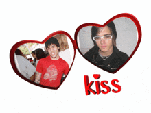 a picture of a man in a red shirt is surrounded by two red hearts and the word kiss