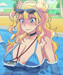 a woman in a bikini is swimming in a pool with a badge around her neck