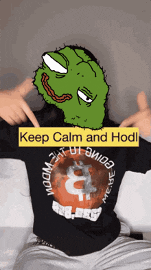 a person wearing a black shirt that says " keep calm and hodl "