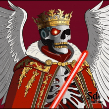 a drawing of a skeleton wearing a crown and wings holding a red light saber