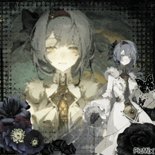 a girl in a white dress is surrounded by black roses