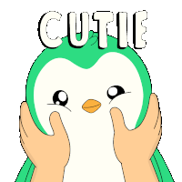 a green and white penguin with the word cutie on it