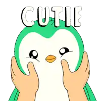 a green and white penguin with the word cutie on it