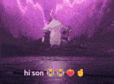 a purple background with a cartoon character and the word hi son