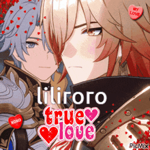 a couple of anime characters with hearts around them and the words " true love " on the bottom
