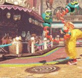 a cartoon character is standing in front of a building with a sign that says ' r ' on it