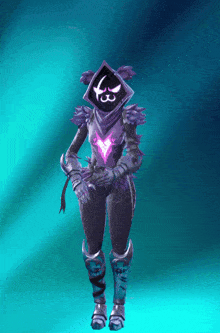 a video game character with a hood and a face that says ' f ' on it