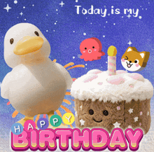 a birthday card with a stuffed duck and a cake