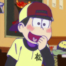 a cartoon character is wearing a baseball cap and a yellow shirt with the letter a on it