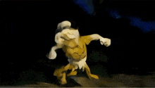a cartoon duck is running in the dark wearing a headlamp .