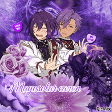 a couple of anime characters with purple flowers and the words mayosolar canon