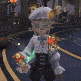 a girl wearing a white hat and a bow tie is holding a green object