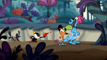 a cartoon drawing of a penguin holding a gun and a dinosaur