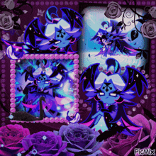 a collage of pictures with purple roses and the words picmix on the bottom right