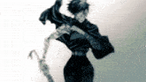 a black and white drawing of a person holding a sword and a rope .