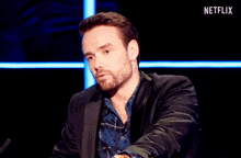 a man sitting in front of a microphone with a netflix logo behind him