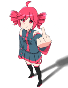 a drawing of a girl with pink hair and red eyes giving the middle finger