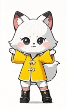 a cartoon fox wearing a yellow coat and boots .