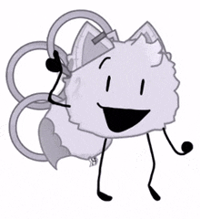 a cartoon character with a cat 's head , arms , and legs is smiling .