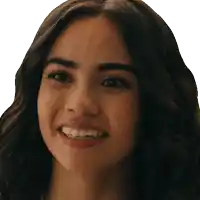 a close up of a woman 's face with a big smile on her face