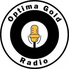 a logo for optima gold radio with a microphone in the center of a circle .
