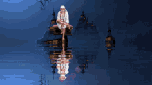 a painting of a man sitting on a boat with balloons in the water