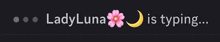 ladyluna is typing with a crescent moon and pink flower