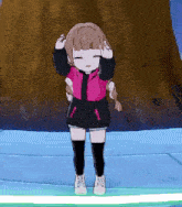 a cartoon girl in a pink jacket and black shorts stands in front of a tree