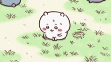 a cartoon bear is sitting in the grass with a thumbs up