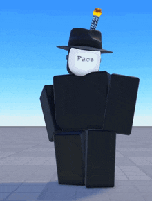 a roblox character wearing a black hat and a white face mask