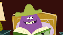 a cartoon character is reading a book with the word de on it