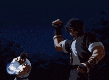 a pixelated image of a man holding a fireball
