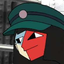 a cartoon character wearing a green hat with a pink circle on top