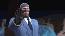 a cartoon character wearing a blue mask and a blue suit