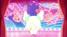 a cartoon character stands on a stage in front of a curtain that says ribbon