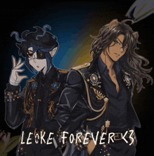 a couple of anime characters standing next to each other with the words lecke forever < 3