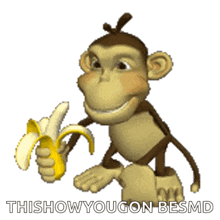 a cartoon monkey is holding a banana with the words thisshowyougon besmd below it