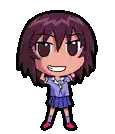 a pixel art drawing of a girl with purple hair wearing a blue school uniform .