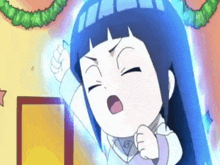 a cartoon of a girl with blue hair and a white shirt