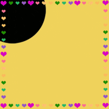 a yellow background with a blue circle and hearts around it