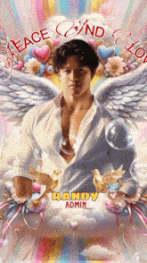 a painting of a man with angel wings and the words peace and love